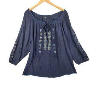 Cocomo Woman Navy Blue Embroidered Peasant Blouse 2X 3/4 Sleeves Gauze
